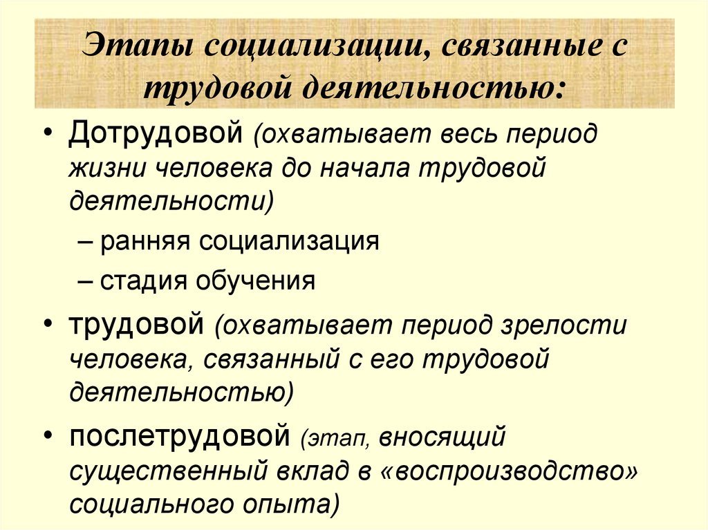 Первичная социализация заканчивается с началом трудовой деятельности