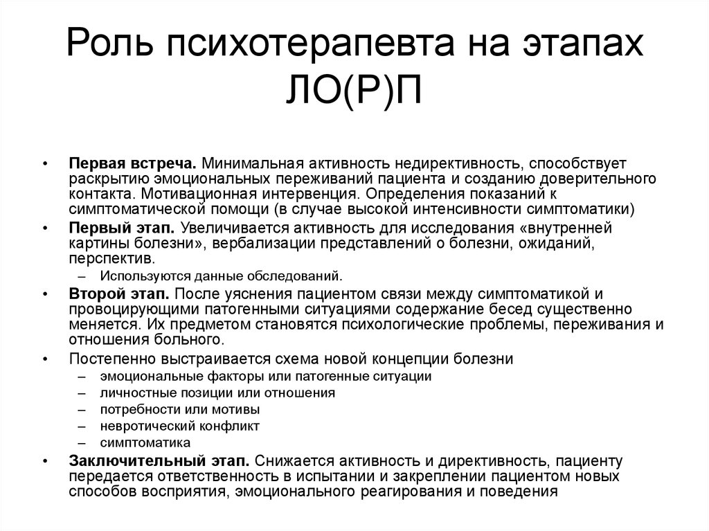 Лорпт. Роль психотерапевта. Функции психотерапевта. Личностно-ориентированная реконструктивная психотерапия. Методике личностно-ориентированной /реконструктивной. Психотерапии.