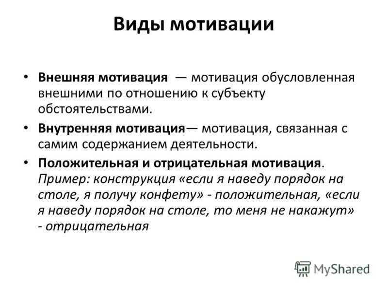 Психологическая мотивация. Мотивация виды мотивации. Виды внешней мотивации. Перечислите виды мотивации. - Внешняя отрицательная мотиваци.