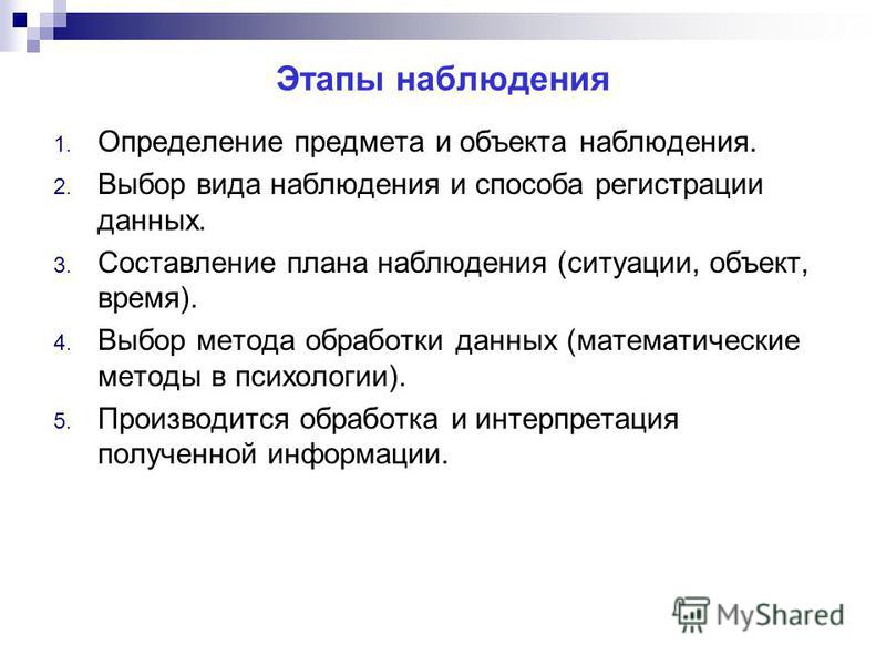 Ситуация наблюдения. Этапы наблюдения. Составить план наблюдения. Способ регистрации данных наблюдения.