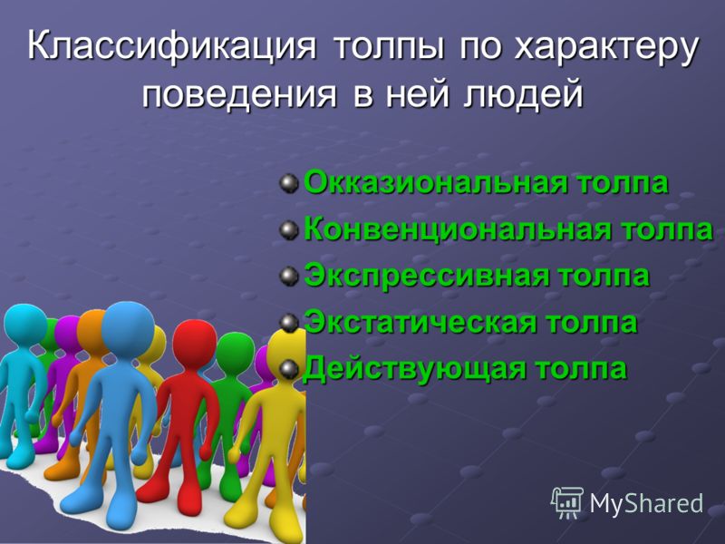 Виды поведения толпы. Психология толпы презентация. Классификация толпы. Толпа по характеру поведения людей. Понятие толпы.