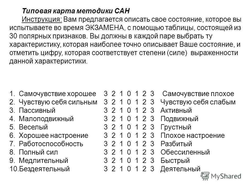 Методика 13. Типовая карта методики Сан. Методика Сан инструкция. Методика Сан таблица. Методика Сан бланк.