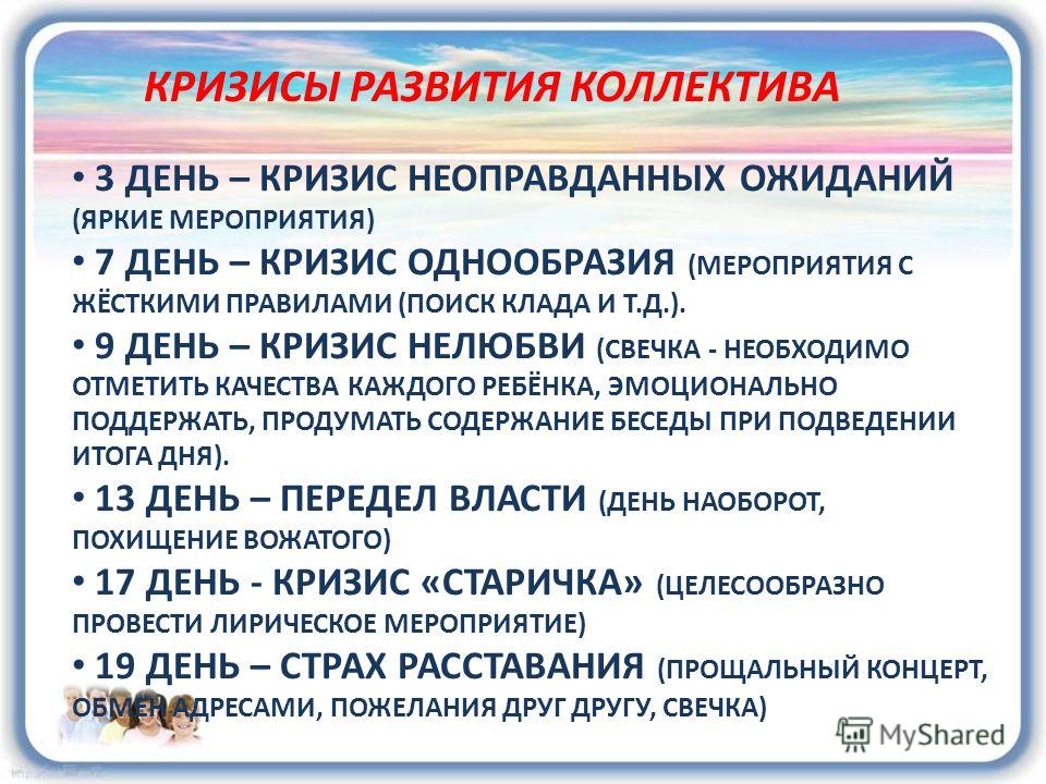 Особенности смены. Кризисные дни в лагере. Кризисы развития. Кризисы лагерной смены. Кризисы детей в лагере.