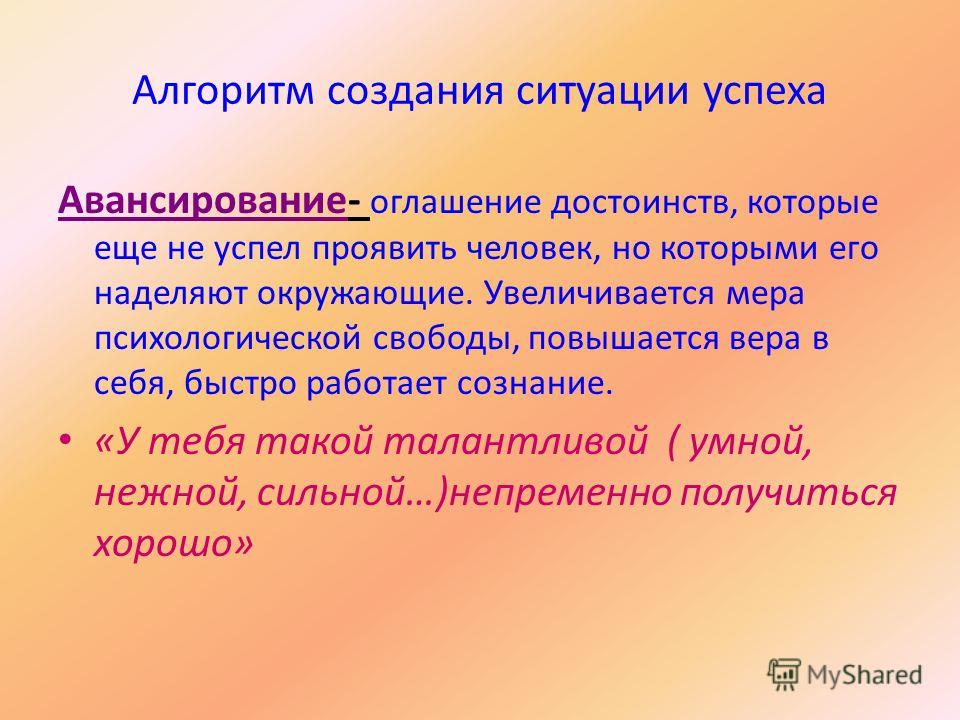 Создание ситуации. Алгоритм создания ситуации успеха. Алгоритм создания ситуации успеха. 