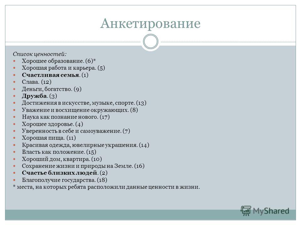 Список ценностей в жизни человека