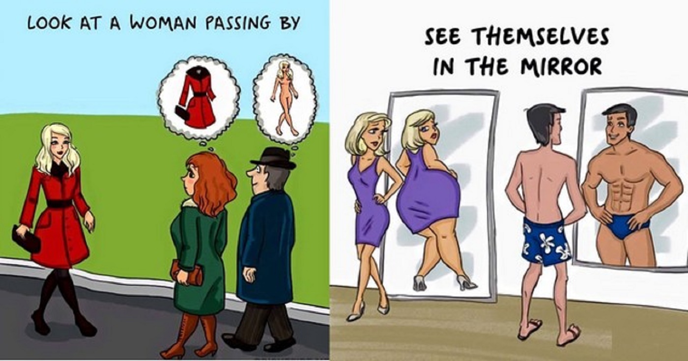 Мужик видит. Различия между мужчинами и женщинами карикатуры. Равноправие мужчин и женщин юмор. Различие мужчины и женщины карикатура. Различия между девушкой и женщиной.