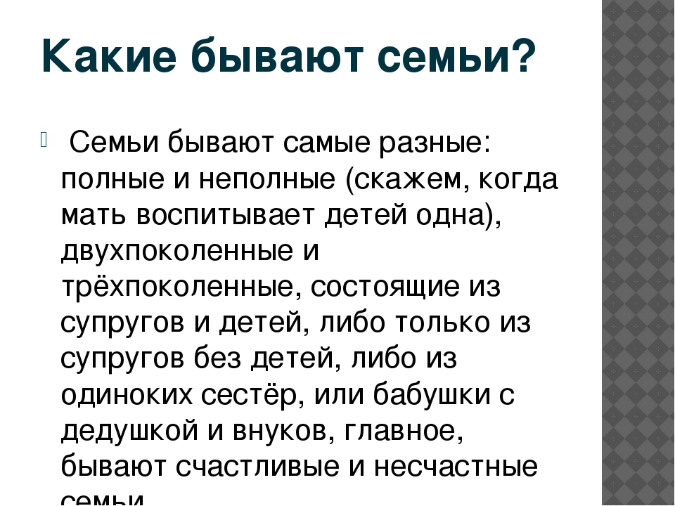 Семьи бывают двухпоколенные. Семьи бывают. Семья какие бывают семьи. Какие бывают семьи Обществознание 5 класс. Семьи бывают полные и неполные.